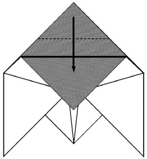 An illustration of how to fold the remaining top point of the diamond downwards