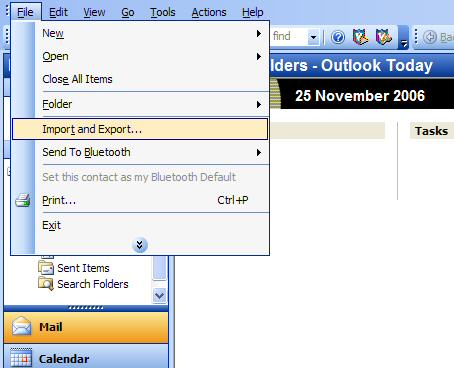 A screenshot showing how to select the Import and Export function in Microsoft Outlook