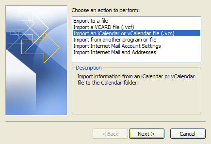 A screenshot from Microsoft Outlook showing how to import a iCalendar or vCalendar file