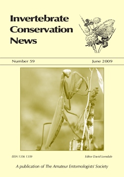 June 2009 Invertebrate Conservation News cover showing a picture of a mantid on the Greek island of Corfu.