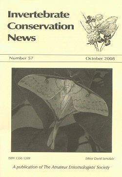 October 2008 Invertebrate Conservation News cover showing a male moon-moth from Taiwan, _Actias heterogyna_.