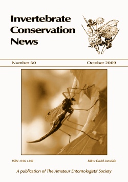 October 2009 Invertebrate Conservation News cover showing a picture of a Giant Sabre Comb-horn Cranefly (_Tanyptera atrata_).